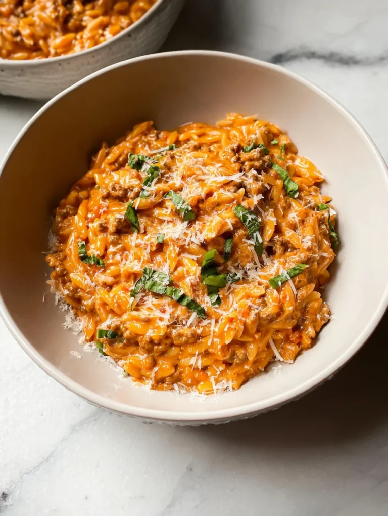 Ground Beef Orzo with Tomato Cream Sauce