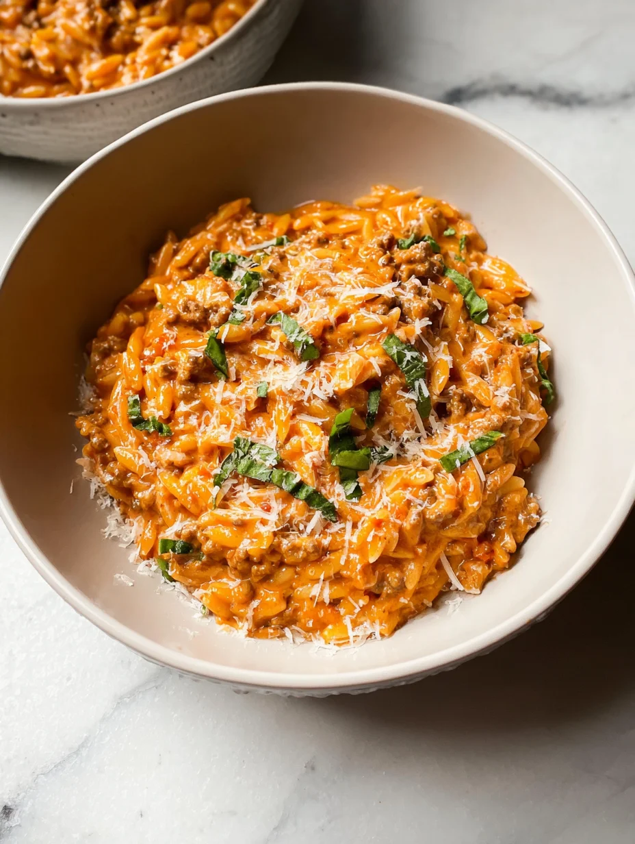 Ground Beef Orzo with Tomato Cream Sauce