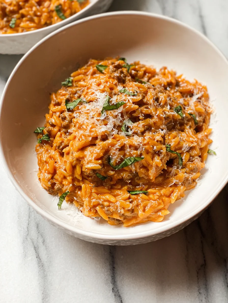 Ground Beef Orzo with Tomato Cream Sauce