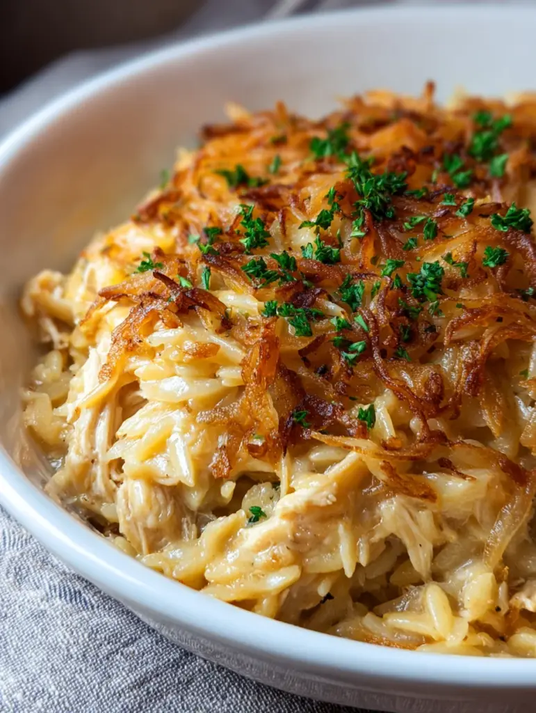 French Onion Chicken Orzo Casserole