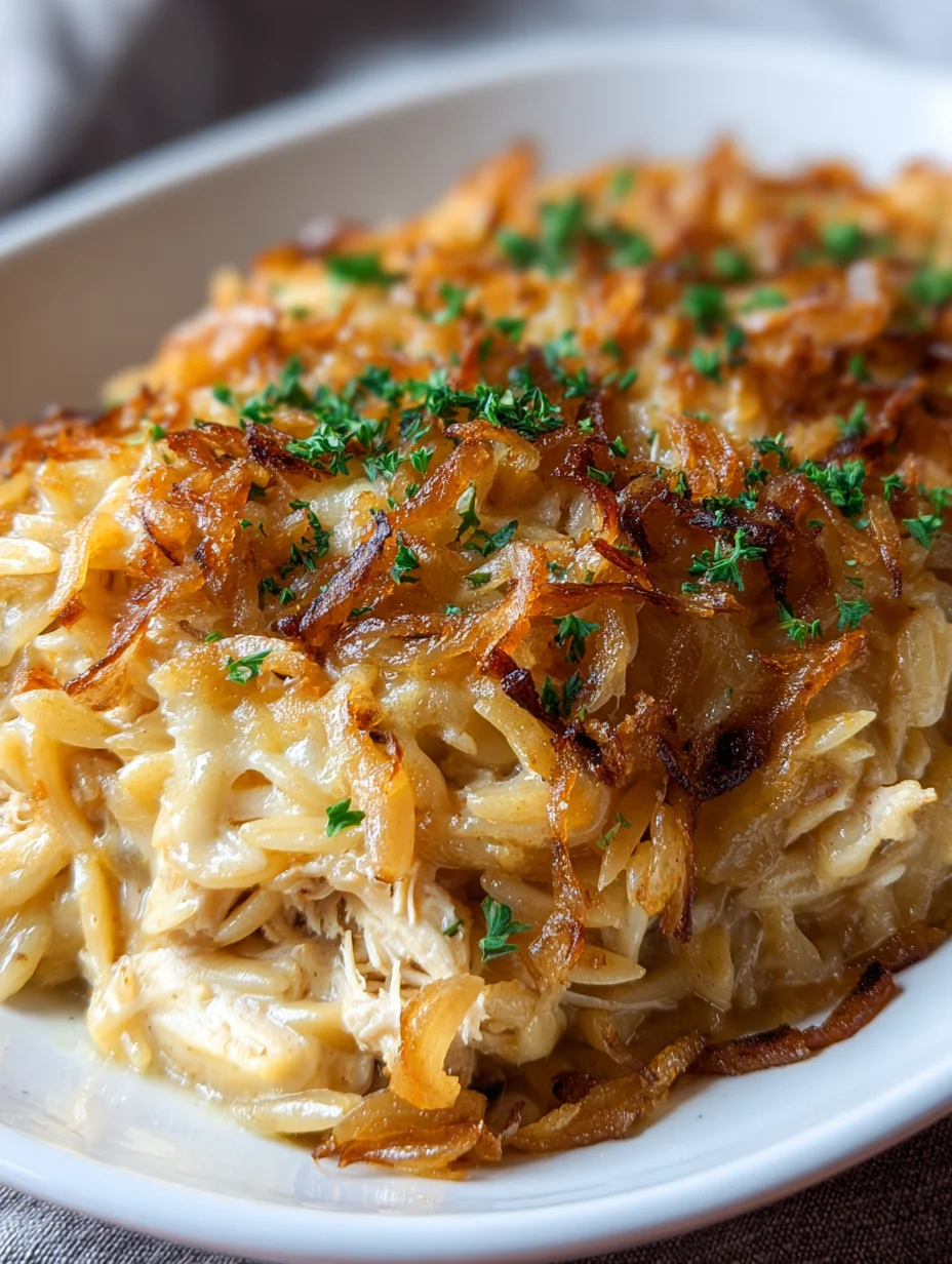 French Onion Chicken Orzo Casserole