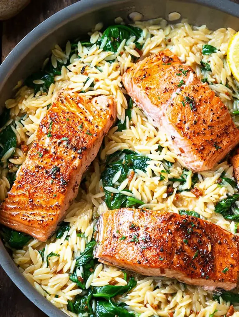 One Skillet Salmon with Lemon Orzo